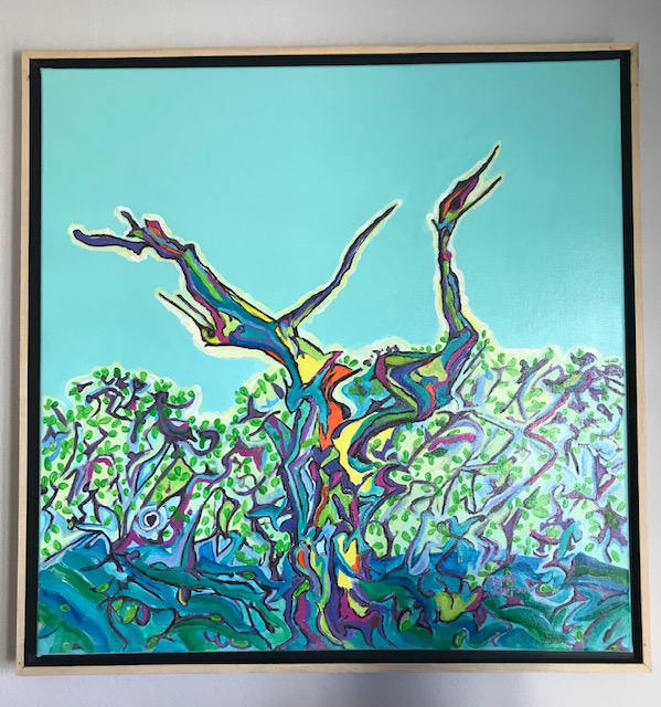 Dancing Mangrove — colorful abstract mangrove tree reaching toward a teal sky